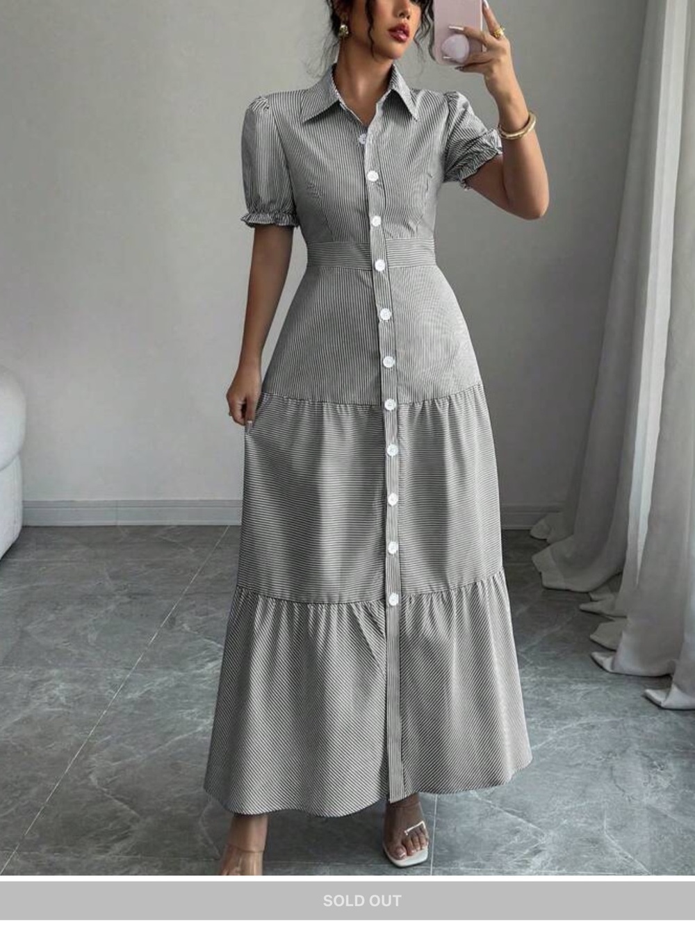 SHEIN Gray Pinstripe Button-Front Tiered Maxi Dress